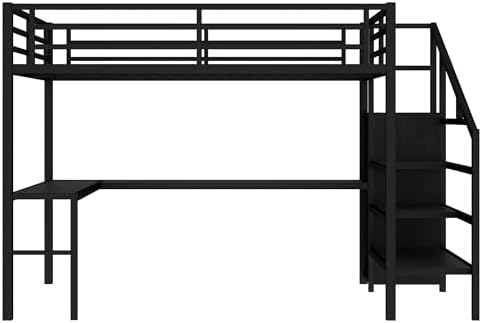 Queen Size Loft Bed with Desk and Storage Stairs, Metal Loft Bed Frame with Multi-color LED Lights, Charging Station, and Hanging Rod, Heavy-duty Loftbed for Kids, Teens, Adults, Noise-free, Black - Image 4