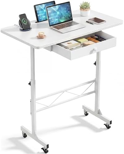 COMHOMA Small Standing Desk with Storage Drawer, Mobile Height Adjustable Rolling Sit Stand Desk with Lockable Wheels 4‑Level Portable Laptop Desk for Small Space Home Office Treadmill Workstation by ComHoma