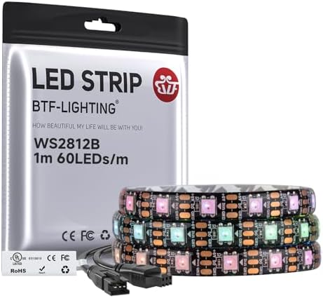 BTF-LIGHTING WS2812B IC RGB LED Strip,UL Listed,Pure Gold Wires,DC5V 3.28FT 60LED 5050SMD,Individually Addressable,Flexible for DIY Chasing Full Color Project,3M Tape,IP65(No Adapter or Controller) by BTF-LIGHTING