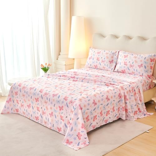 WINLIFE Kids Girls Full Sheet Set Pink Floral Butterfly Printed 4 Pieces - Image 2