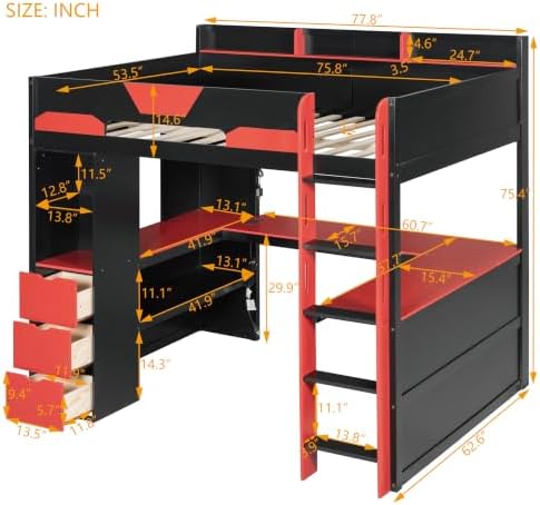 Merax Full Size Wood Gaming Loft Bed with U-Shaped Desk, Lights & USB Ports - Image 2