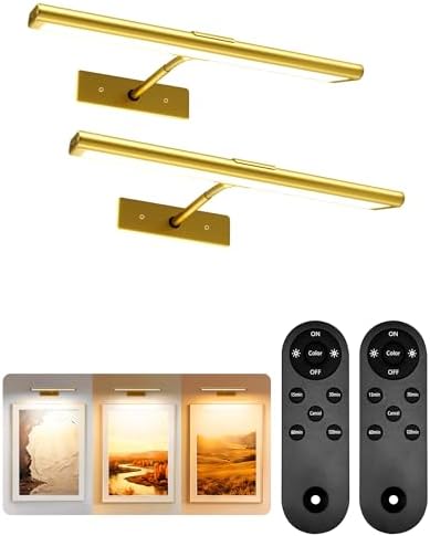 EZVALO Picture Light for Wall, 4800mAh Rechargeable Wireless Remote, 13‘’ Dimmable Magnetic LED Art Display Light with 3 Color Temperatures, for Gallery, Living Room, Bedroom, Hallway (Gold-2Pack) by EZVALO