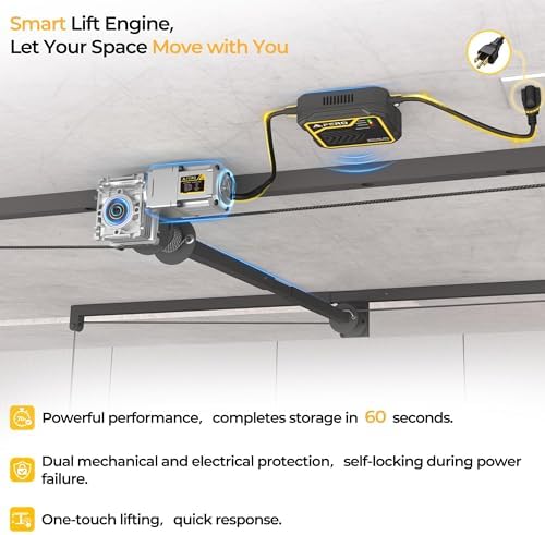 FERO Motorized Overhead Garage Storage Rack with Remote Control, Heavy-Duty Ceiling Mounted Organizer, 4x8 FT Ceiling Storage Lift System, Space-Saving Hanging Garage Shelves, 325 LBS Capacity - Image 2