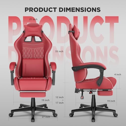 Ferghana Vintage PU Leather Gaming Chair, Ergonomic Gamer Chair with Massage, High Back Computer Office Chair with Footrest for Adults, Racing Style Reclining Video Game Chair (Red) - Image 3