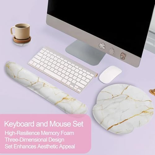 White Gold Flowing Marble Mouse Pad with Wrist Rest and Keyboard Wrist Rest Set, Non-Slip Rubber Base Memory Foam Mouse Pad Set for Women, Office Desk Accessories, Gaming - Image 3