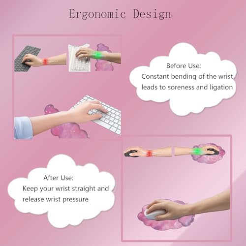 Cloud Keyboard Wrist Rest Galaxy Mouse Pad with Wrist Rest Ergonomic Space Wrist Pad Memory Foam Non-Slip Wrist Support for Computer Laptop Gaming Home Office Relief Typing Pain Pink Stars - Image 5