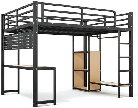 Bellemave Metal Queen Size Loft Bed with Desk and LED Lights,Heavy Duty Loft Bed Frame with Storage Shelves and Charging Station for Kids,Teens,Adults, Space Saving,Black - Image 7