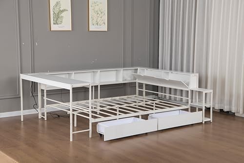 Bellemave Full Size Corner Bed Frame with Storage Drawers, Bookcase and Side Desk, Full Corner Bed with Light and Charging Station, Daybed for Bedroom, Living Room, Guest Room White - Image 6