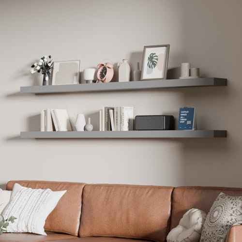 60 inch Long Floating Shelves for Wall,Solid Wood Long Shelves Set of 2,Grey Rustic Wall Mounted Shelves Large Bookshelf (Grey, 60 Inch) by ONOTETUT