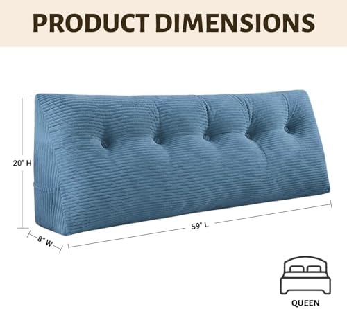 Wedge Reading Pillow Headboard Queen Size, Headboard Bolster Pillow for Bed, Triangular Backrest Cushion with Removable Corduroy Cover, Blue - Image 2