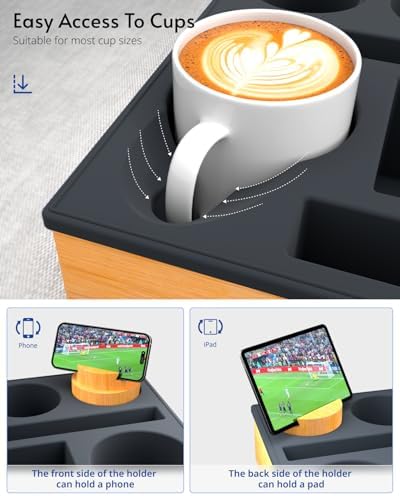 Couch Cup Holder Tray - Couch Organizer Caddy, Silicone Beach Caddy with Cup Holder, Sofa and Bed Drink Holder and Couch Tray Table for Snacks Beverage Remote (Black) - Image 3