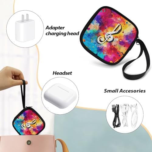 Colorful Musical Notes Square Earbud Case Portable Carrying Case Storage Bag Cell Phone Accessories Organizer with Handle for Earphone, Earbud, Earpieces - Image 6
