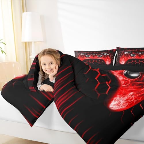 Erosebridal Ombre Art Honeycomb Game Consoles Comforter Set Red Neon Lights Gaming King Bedding Set Geometric Hexagon Beehive Duvet Set Gamer Room Decor for Boys - Image 4