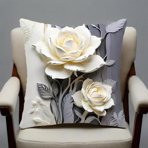 2D Flat, 2pcs Elegant White Rose Linen Throw Pillow CoverDecorative, White and Gray Rose Design, Elegant Home Decor Cushion Case，20x20 Pillows Linen Pillowcase - Image 5