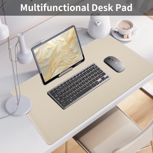 Beige Desk Mat with Stitched Edges, 31.5"×15.7" Keyboard Pad, Non-Slip Desk Protector Mat, Leather Desk Blotter, Waterproof Desk Pad for Office Home Decor - Image 6
