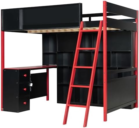 Merax Full Size Wood Loft Bed Frame with Desk and Ample Storage Space, Gaming Bed with Light Strip for Teens Bedroom, Full-Length Guardrails, No Box Spring Needed, Red - Image 5