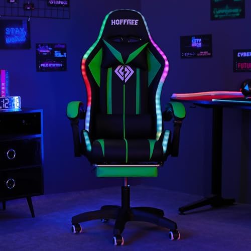 HOFFREE RGB Gaming Chair with Speakers Massage LED Lights Game Chair-Green | Bluetooth Computer Gaming Chair with Footrest Video Game Chair for Adults Ergonomic High Back Gamer Chair with Lumbar Support - Image 5