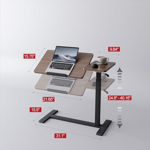 Adjustable Overbed Bedside Table with Wheels Pneumatic Mobile Standing Laptop Desk Rolling Computer Cart Movable Couch Desk Hospital Home Use, Walnut - Image 5