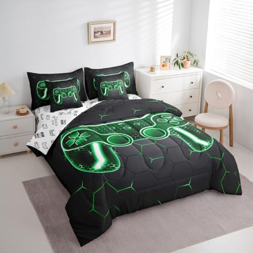 Feelyou Gamer Comforter Set with Sheets for Kids Boys Teens Game Controller Bed in a Bag Gaming Gifts 7 Piece Bedding Set Queen Size for All Season,Green Bed Set - Image 2