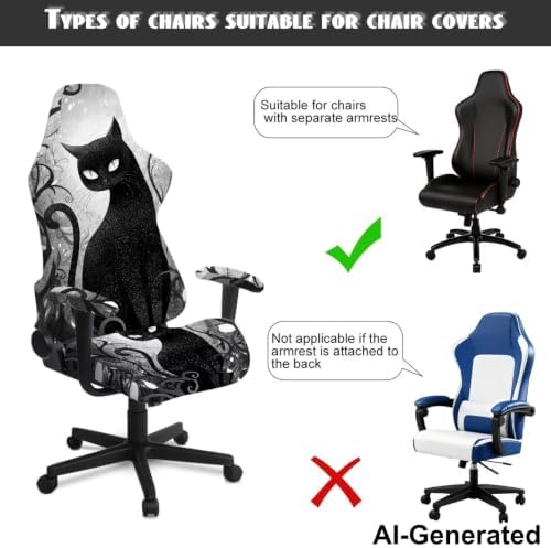 Black Cat Gaming Chair Cover with Armrest Covers Painting Style Computer Chair Slipcovers Set of 4 Split Computer Chairs Slipcovers for Home Club Office Decorations - Image 4