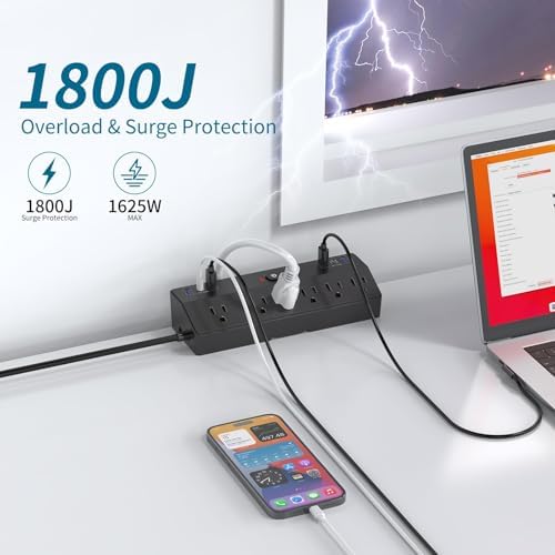 Desk Clamp Power Strip with 40W Fast Charging Station, JXGUCAT 10ft Flat Plug Power Strip Surge Protector, 2 USB-C Ports, 6 AC Outlets, Fit 2.48" Tabletop Edge, Home Office Desk Accessories Essentials - Image 4