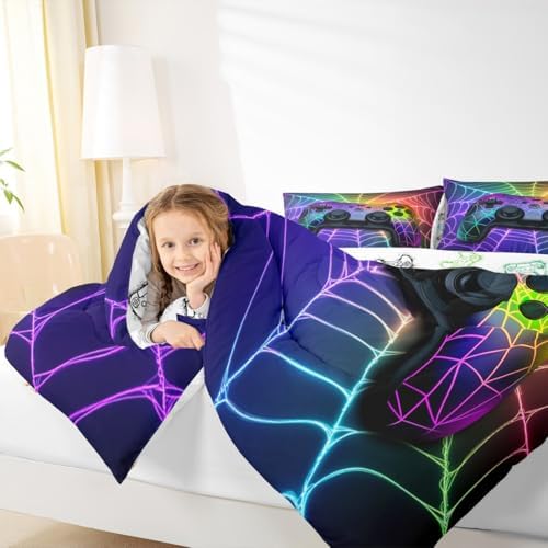 Erosebridal Gaming Comforter Set Rainbow Spider Web Kids Comforter Sets,Game Consoles Bedding Gothic Cobweb Sports Bedding Sets for Boys King,Gamer Room Decor for Boys Bedroom Decor Gamer Gifts - Image 4
