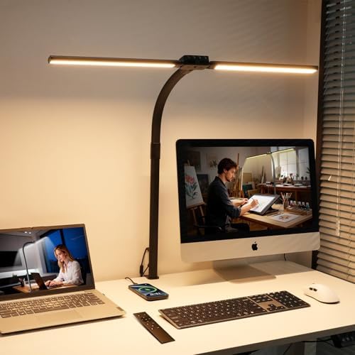 LED Desk Lamp for Home Office - 24W Eye-Caring Architect Clamp Light for Dual Monitors, Bright Task Light with USB Port, Touch Dimming, 5 Colors & 50 Modes, Flexible Gooseneck for Read, Study, Craft by AUSDOM