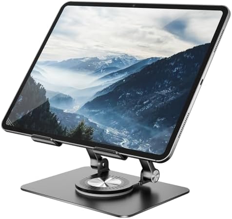 Orlian Tablet Stand Holder with 360° Rotating Base Dual Rod Aluminum Adjustable Tablet Stand for Desk Compatible with iPad Samsung Phone Kindle E-Reader and More, Black by Orlian