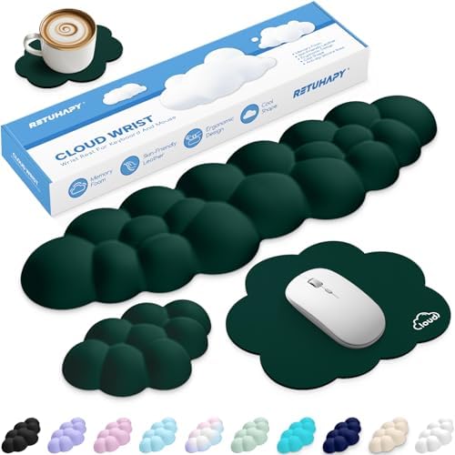 Cloud Wrist Rest Keyboard Cushion and Cloud Mouse Pad, Dark Green | 4-in-1 Ergonomic Cloud Keyboard Wrist Rest Set, Memory Foam, Arm Support for Palm, Cute Desk Accessory for PC Gaming Setup by Unknown