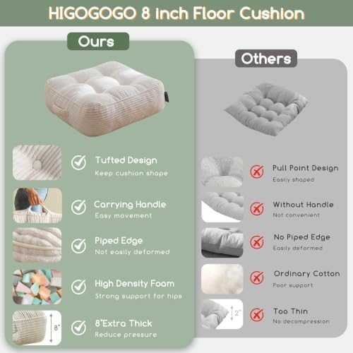 HIGOGOGO 8" Extra Thick Floor Pillow Cushion for Adults, Meditation Cushion Pillow, Large Square Floor Sitting, Tufted Corduroy Cover, for Tatami Living Room or Yoga, 22x22 Inch, Beige - Image 4