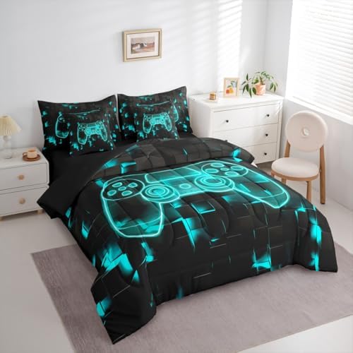 Erosebridal Video Games Bedding Set Queen 7 Piece,Modern Gamer Comforter Set with Sheets | Gamepad Bed in A Bag for Kids Boys Teens Bedroom, Player Gaming Console Bed Sets, Teal Black - Image 3