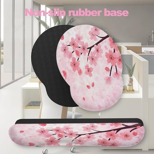Cherry Blossom Pink Flower Mouse Pad with Wrist Rest Set, 3-in-1 Wrist Support Mousepad Set, Gaming Mat Pad with Anti-Skid Base,Ergonomic Memory Foam Mouse Pad Set for Women, Office, Typing, Gaming - Image 7