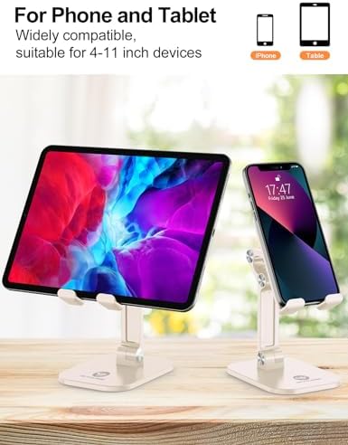 OCYCLONE Phone Stand, Adjustable Height and Angle Foldable Cell Phone Stand Holder for Desk, Taller iPhone Stand Compatible with 4.7"-13" Smartphones iPad Tablet, Beige - Image 4