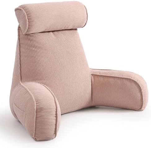 Reading Pillow for Sitting Up in Bed, Bed Rest Backrest Pillow with Arms, Corduroy Back Support Cushion with Side Pockets & Washable Cover, Comfort Support Pillow for Women & Moms, Pink by Ailuteie