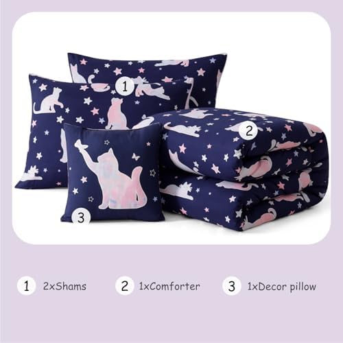 Full Size Comforter Sets for Girls - 4 Pieces Cute Cat Full Bedding Set - Image 6