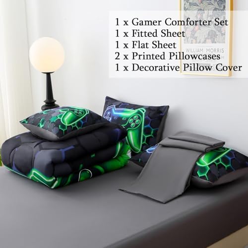 JQinHome Full Gaming Bedding Set 6-Piece Comforter for Kids Teens - 3D Video Game Console Print Bed in a Bag with Ultra-Soft Fluffy Sheets, Blue-Green Unisex Design (Full) - Image 5
