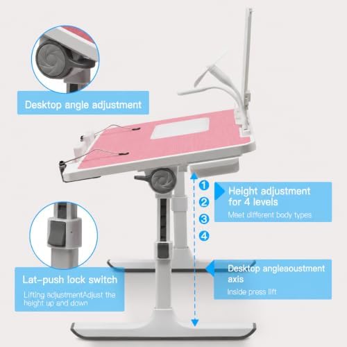 Lap Desk with Cooling Fan, LED Light and USB Port, Adjustable Laptop Desk with Storage Drawer, Foldable Laptop Table for Bed Sofa Work Study, Portable Computer Desk (Pink) - Image 5