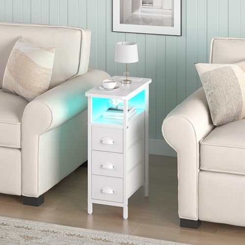sthmec End Table with Charging Station,LED Side Tables with USB Ports and Outlets,Skinny Bedside Tables with 3 Drawers,Small Tabls Nightstands for Small Space,Slim Sofa Table for Livingroom, White - Image 2