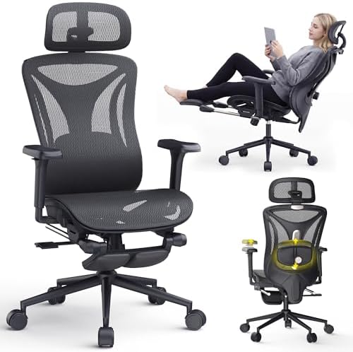 CYKOV Ergonomic Office Chair with Footrest - Adjustable Lumbar Support & Headrest, 90-160° Reclining Mesh Back Computer Chair - Home Office/Gaming, 350lbs Capacity (B-Black, Mesh) by CYKOV