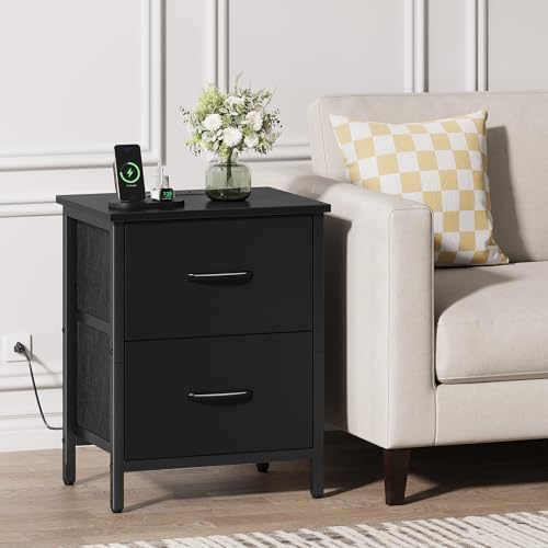 Vagusicc Nightstand Set of 2 with Charging Station, End Table Bedside Table with Power Outlet & USB Ports, Side Table with 2 Fabric Drawers for Bedroom, Living Room, Black - Image 2