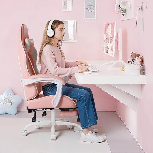 Shahoo Gaming Chair with Footrest and Massage Lumbar Support, Video Racing Seat Height Adjustable with 360° Swivel and Headrest for Office or Bedroom, Light Pink - Image 2