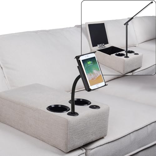 Removable Sofa Armrest with Cup Holder, PU Leather Multifunctional Couch Caddy Storage Arm rest with Power Wireless Charging Stand & LED Reading Light for Sofa Middle Seat Adjustable by beyondSMART
