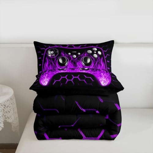 Erosebridal Honeycomb Gamer Kids Comforter Set Purple Neon Lights Game Console Toddler Bedding Sets for Boys Ombre Art Geometric Hexagon Beehive Duvet Set Gaming Decor for Boys Bedroom Decor - Image 7