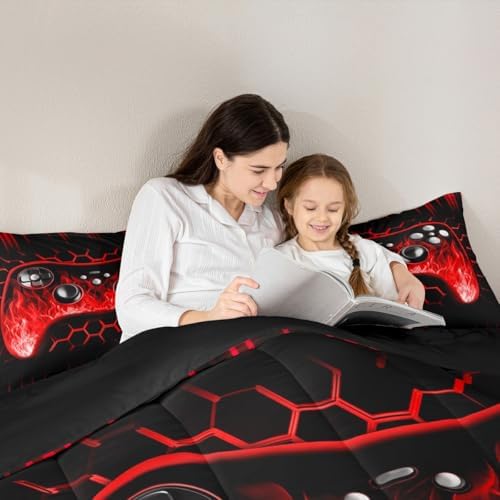 Erosebridal Ombre Art Honeycomb Game Consoles Comforter Set Red Neon Lights Gaming King Bedding Set Geometric Hexagon Beehive Duvet Set Gamer Room Decor for Boys - Image 3