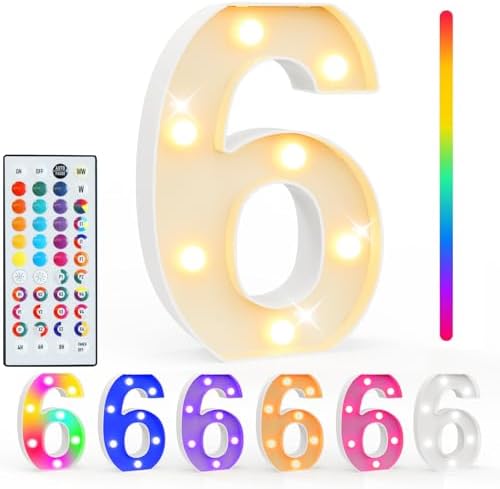 Pooqla Colorful Lighted Numbers with Remote, 35 Colors Light Up Numbers for Party, RGB LED Marquee Number Lights Gift for 6th Birthday Decorations, Wedding, Bar, Night Light, Home Decor, Number 6 by Pooqla