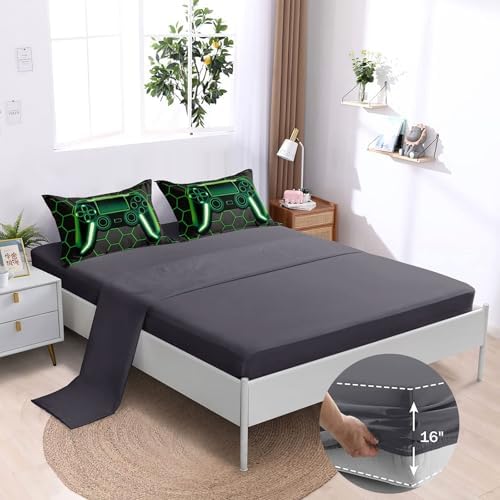 BDUCOK 5 Piece Gamer Comforter Sets Bed in A Bag for Boys Teen Kids,Honeycomb Gaming Bedding Sets Gamepad Comforter Microfiber Bed Set for All Season Gamer Home Decor(Green, 5 Piece Sets30021-Twin) - Image 3