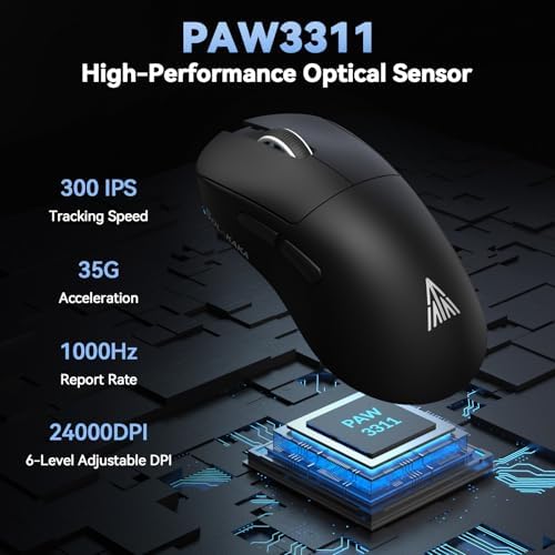 SOLAKAKA SM822 Wireless Gaming Mouse with Charging Dock, Tri-Mode Wireless Mouse, PAW3311 Optical Sensor, Up to 24,000DPI, 62g Lightweight Mouse with 5 programmable Buttons, for PC, Laptop (Black) - Image 5
