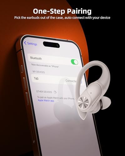 PocBuds Bluetooth Headphones Wireless Earbuds 80hrs Playtime Wireless Charging Case Digital Display Sport Ear Buds with Earhook Deep Bass IPX7 Waterproof Over-Ear Earphones for Phone Laptop Beige - Image 4