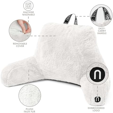 Nestl Fur Reading Pillow with Laptop Lap Desk, Stylish Back Pillow for Sitting Up, Lap Desk with Reading Pillows for Sitting in Bed Adult & Kids, Faux Fur Chair Pillow with Arms - White - Image 5