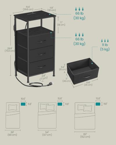 SONGMICS Nightstand with Charging Station, 3 Fabric Drawers - Image 2